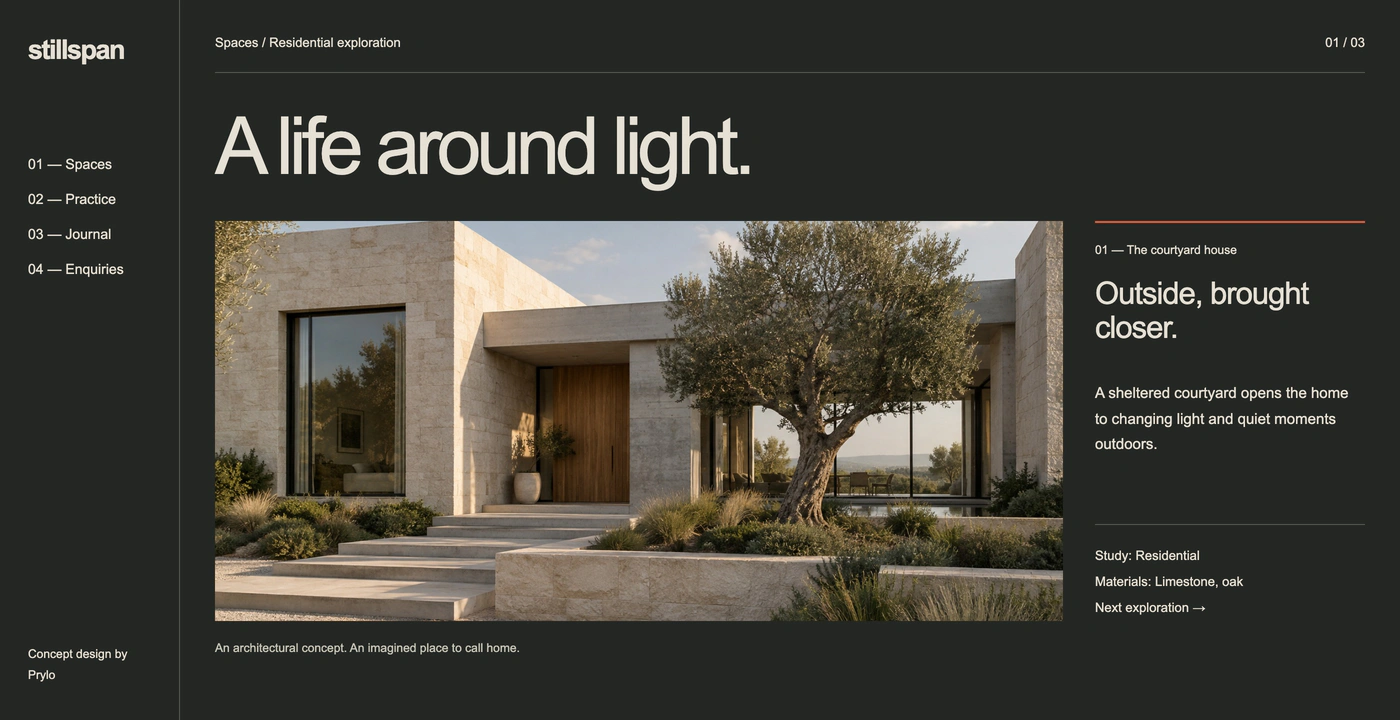 Stillspan project detail concept with a dark project index, bold typography, and generated residential imagery