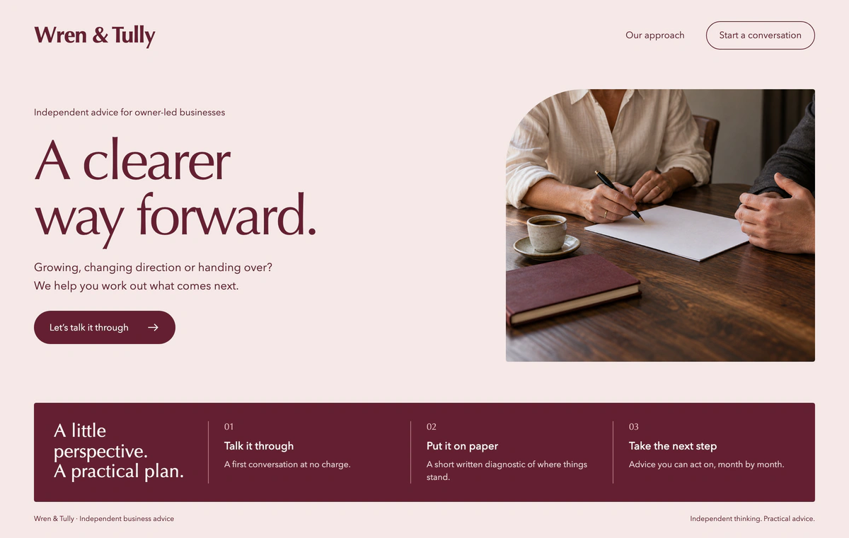 Wren and Tully advisory website concept with oxblood typography, a photograph of a conversation over notes, and three clear advisory steps